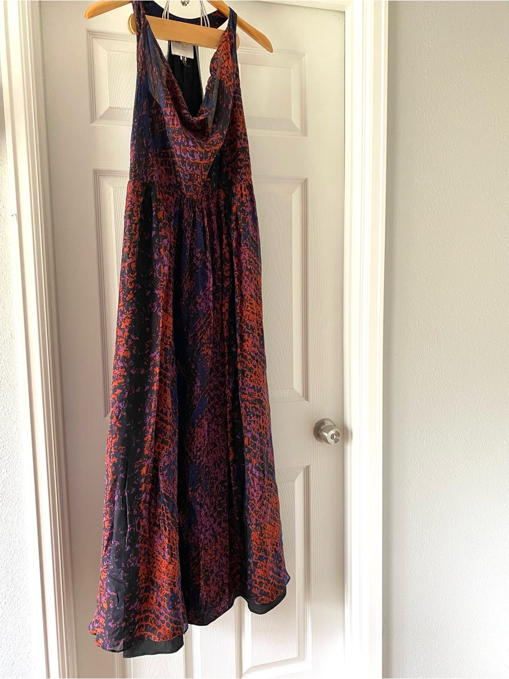 HD In Paris Womens Seeped Sinopia A Line Maxi Dress Blue Abstract Cowl Silk S